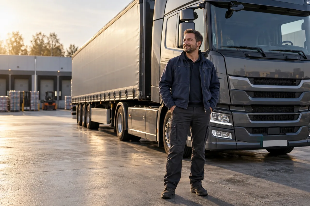 Chauffeur naast een vrachtwagencombinatie