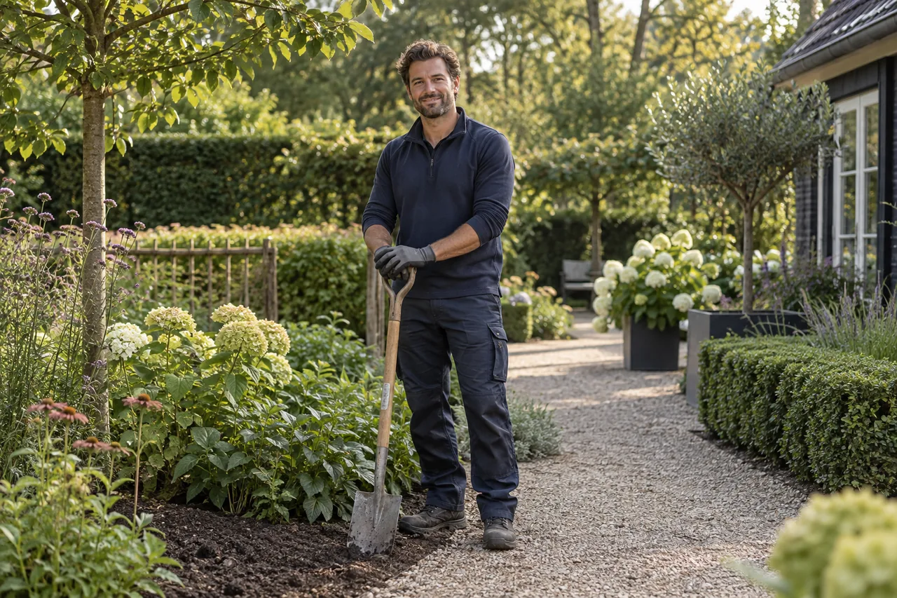 Medewerker groenvoorziening aan het werk in een tuin
