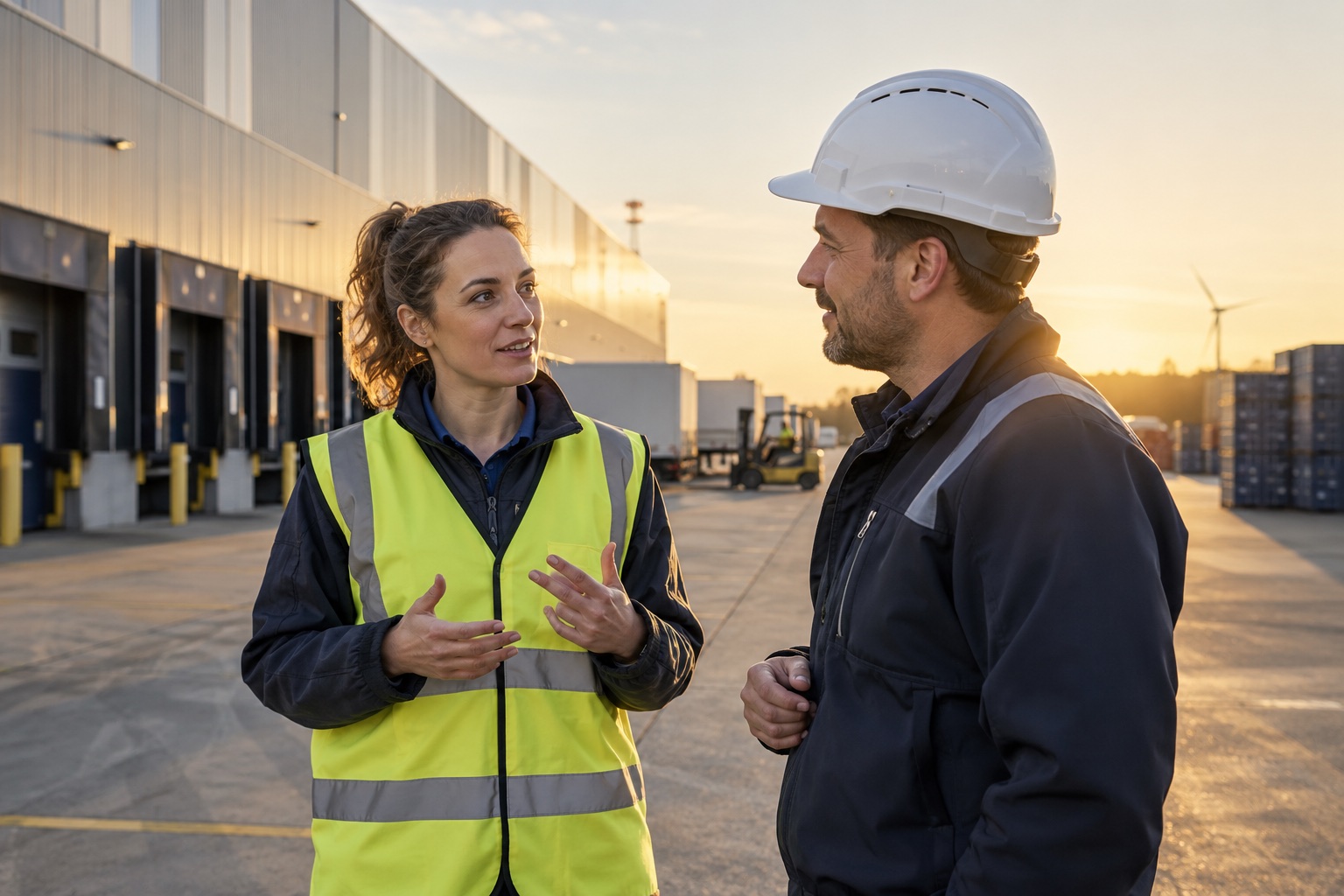 Professionals bespreken werk in een industriële omgeving